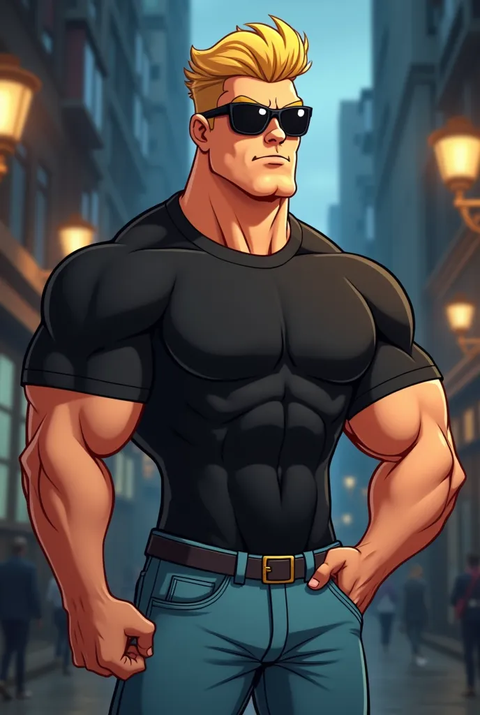 A muscular, cartoonish man with a voluminous blond quiff and black sunglasses that cover his eyes, posing with his right arm flexed upwards showing his biceps. He is wearing a black short-sleeved T-shirt and light blue pants. The rendering should be in a p...