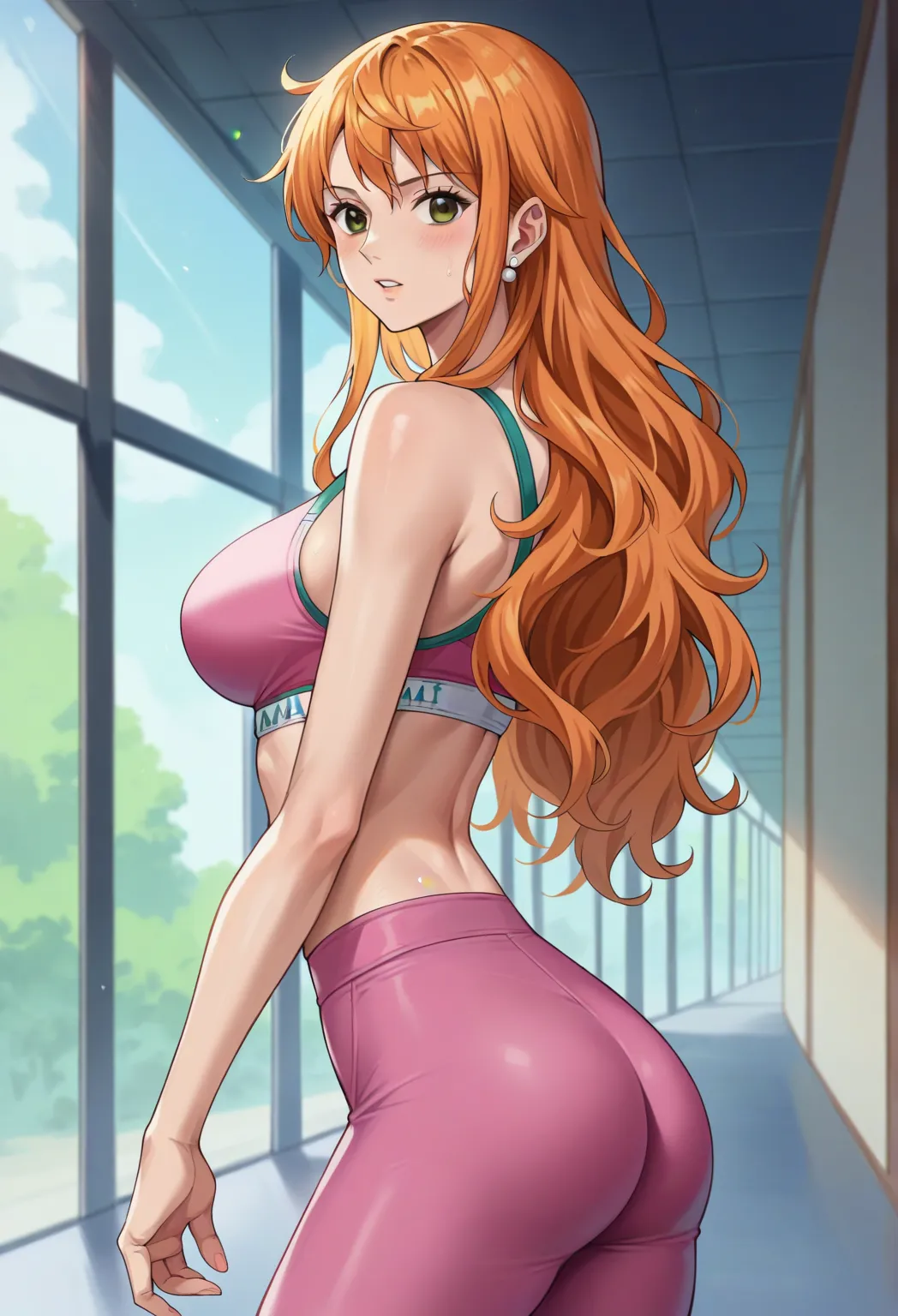 score_9, score_8_up, score_7_up, score_6_up, score_5_up, score_4_up, BREAK source_anime, nami_post, orange hair, long hair, wavy hair, side locks, brown eyes, perfect shape breasts, perfect body,shoulder tattoo, pink yoga pants, white sport bra, WHITE SPOR...