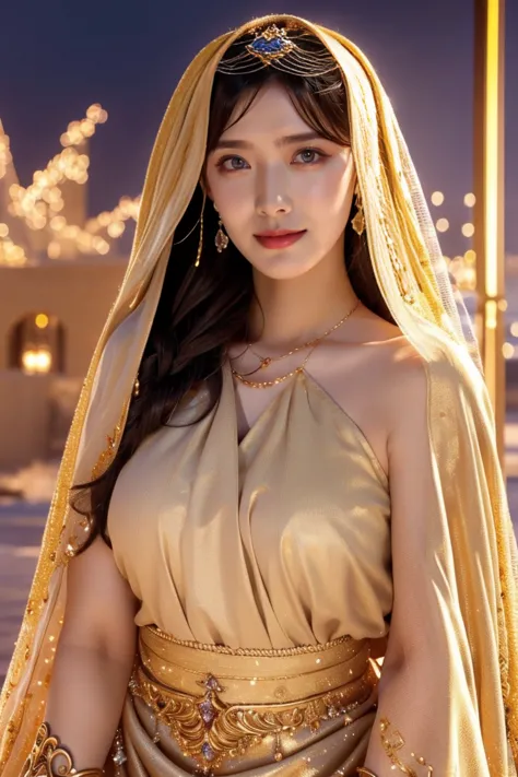 (    Top Quality、8k、    Award-winning work    、      Ultra High Definition )、    beauty 、(Show wearing a gorgeous golden separate belly dance costume、Create Your Perfect Body   ,     sexy cleavage    :1.1)、 ((  Luxurious Face Veil、Veil face mask  ))、Perfec...