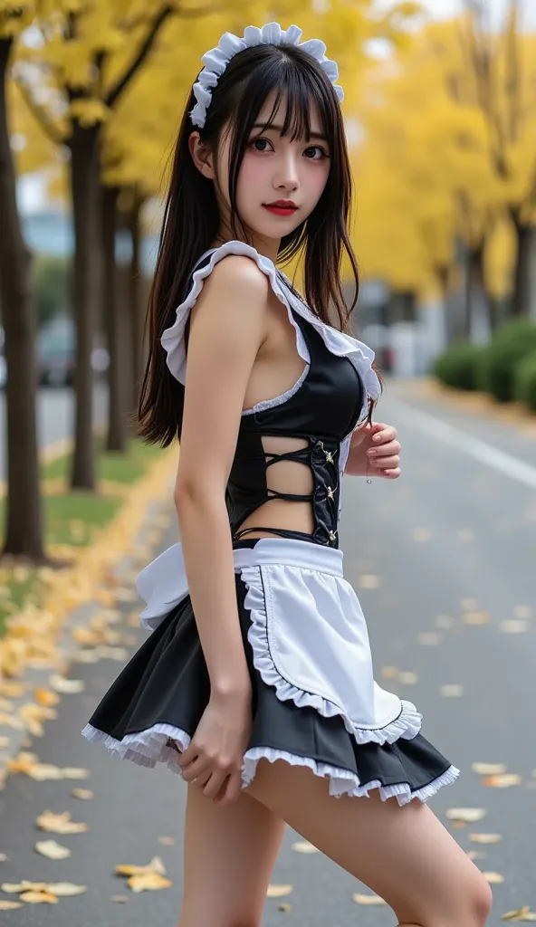 ((   big smile)),(( super mini skirt with curled up thighs )),(  Wide-angle photography  ),
((Posture before bending down))、white skin on the thighs、((sexy maid)),
sexy pose、((big costume with open chest)),((autumn、Stroll along the ginkgo tree-lined street...