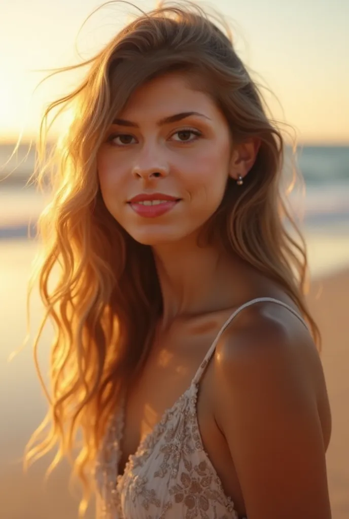 girl on beach, detailed portrait, serene expression, looking at camera, long wavy hair, sun-kissed skin, sundress, standing on sandy beach, ocean waves in background, warm sunset lighting, cinematic color grading, highly detailed, 8K, photorealistic, profe...