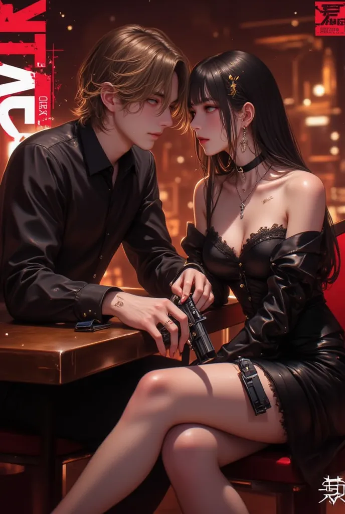 A 27-year-old man with slightly shiny, sharp gray eyes, brown hair with short and medium golden highlights, with his hands on a table leaning on it while his girlfriend is sitting at that table wearing a black dress that exposed her thigh where the gun is ...