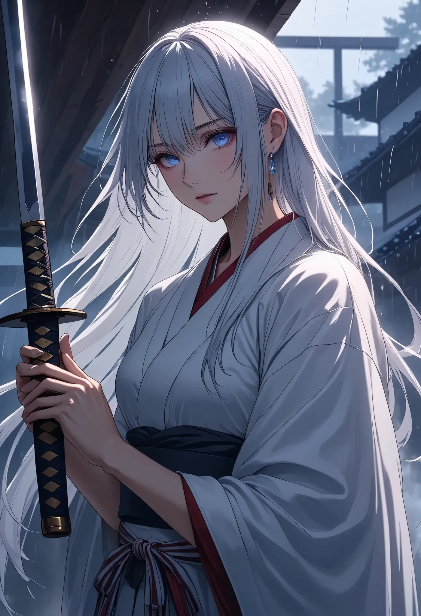 with strong, ephemeral eyes, alone, swordsman, character “ATLAS”,holding Katana in her hands,  Close your eyes､A woman standing in the dark, Cut the time that passes, Strength to blend into silence, Furinkazan, BREAK when raindrops on the eaves, (breaks th...