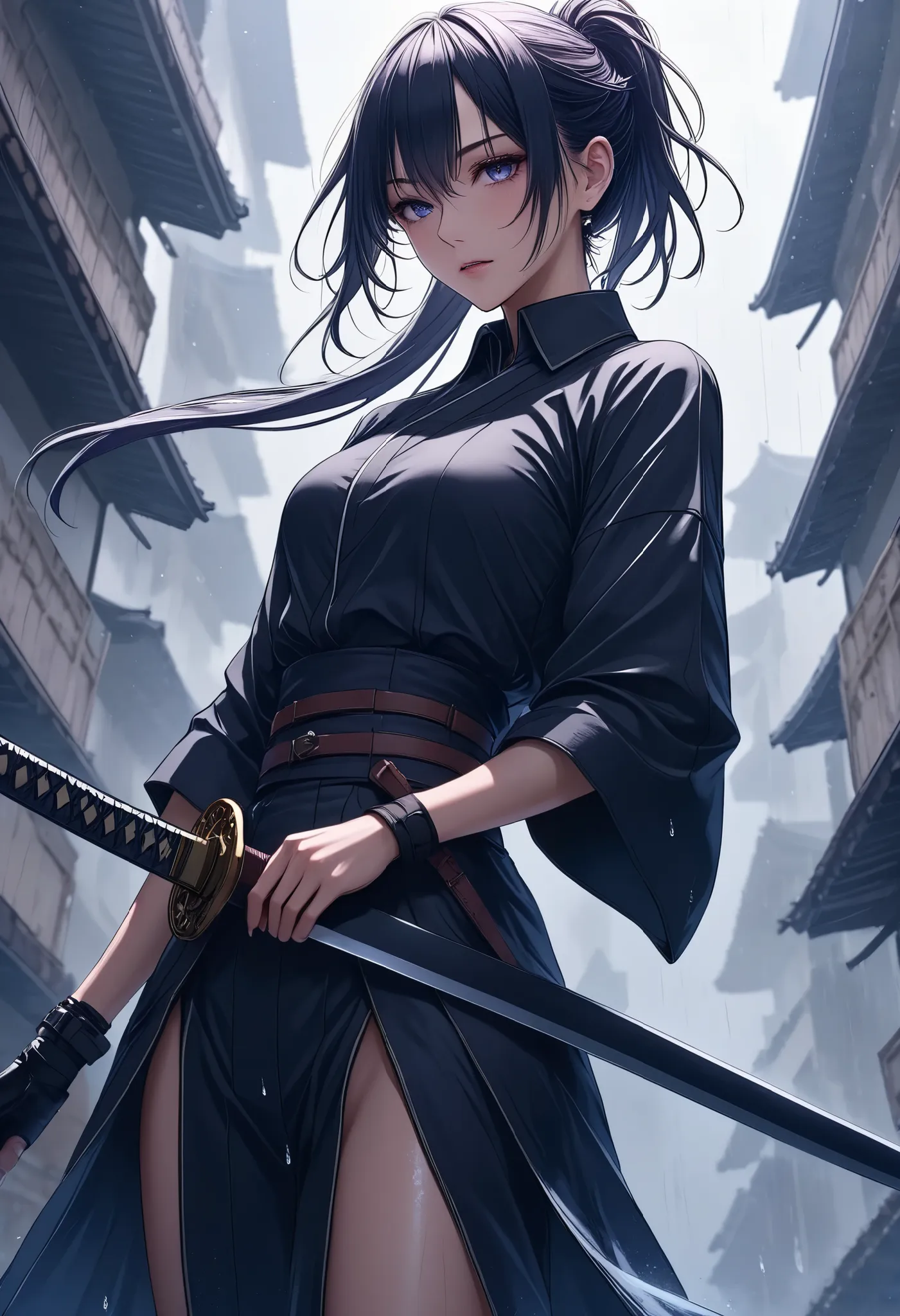 with strong, ephemeral eyes, alone, swordsman, character “ATLAS”,holding Katana in her hands,  Close your eyes､A woman standing in the dark, Cut the time that passes, Strength to blend into silence, Furinkazan, BREAK when raindrops on the eaves, (breaks th...