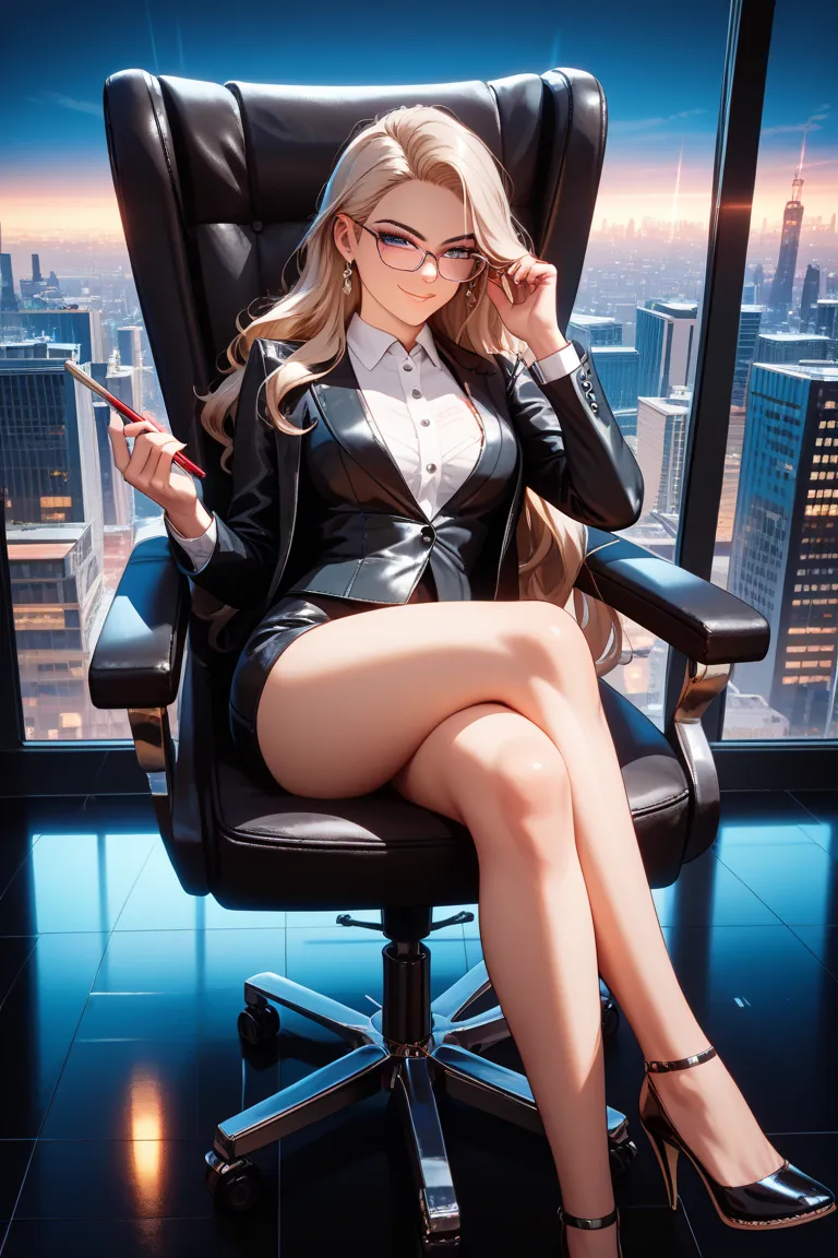 (masterpiece, best quality, ultra-detailed, high contrast lighting, dynamic shading), anime style, elegant and sexy, confident smirk, business suit with deep neckline, long flowing hair, glasses, crossed legs, dominant presence, high heels, luxurious offic...