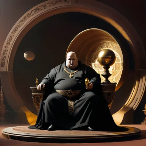 1970s sci-fi, painterly, highly detailed, atmospheric, shadowed figure, slightly surreal composition, obese, bald man with no eyebrows sitting on a futuristic, minimalistic throne, dressed in a dark, heavy futuristic robe. He holds an ornate golden goblet ...