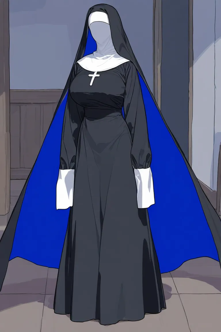 Solo, 1girl, tall women, cape over shoulders, nun outfits, long skirt, faceless, veil face /(Veil covered face)\, sleeves past wrists, sleeves past fingers, dark blue long cape, cape flap out. cloak, overly long sleeves, wide open loose sleeves, room, 