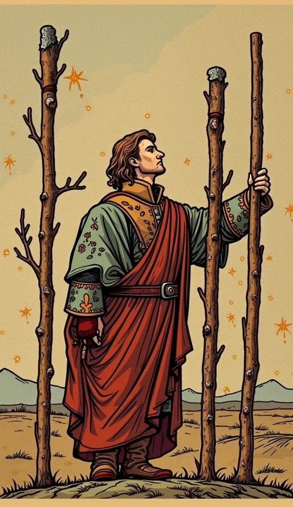 “Three of Wands” in the fantasy style

The central element of the map is a young man, he is about 30 years old. He is standing on a hillock, confidently looking into the distance, his eyes show determination and expectation of future achievements. In his h...