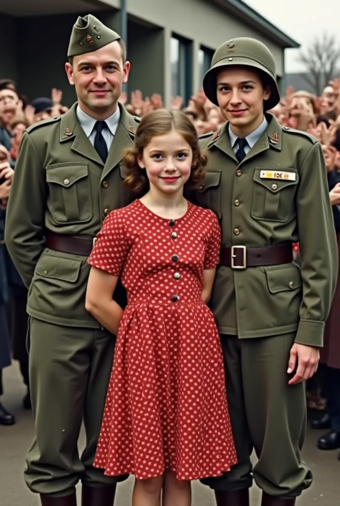 Take a picture of a 17-year-old girl who is a victim of the Holocaust and in a red polka dot dress and two soldiers and her mom standing next to her and mom cooking milk rice and there are many hands in the background 