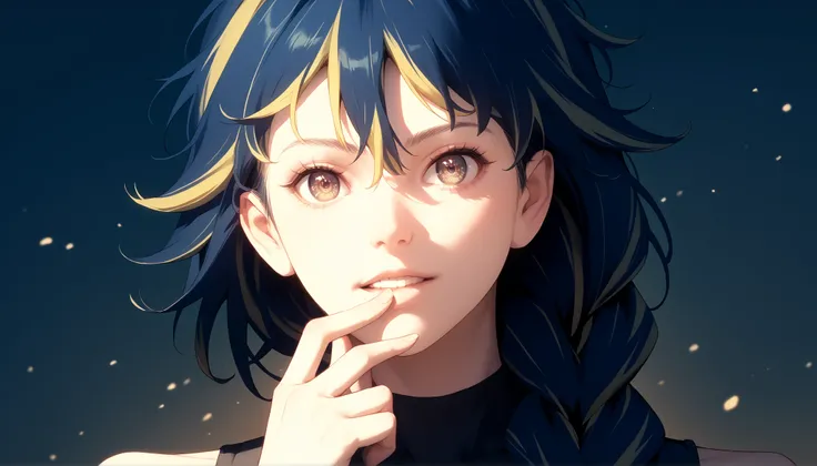 score_9, score_8_up, score_7_up, source_anime, 1girl, solo, face focus, detailed eyes, long hair, vibrant colors, finger on lip, detailed background, multicolored hair, navy blue hair, blonde hair, braid, streaked hair, long hair, yellow circle in the iris...