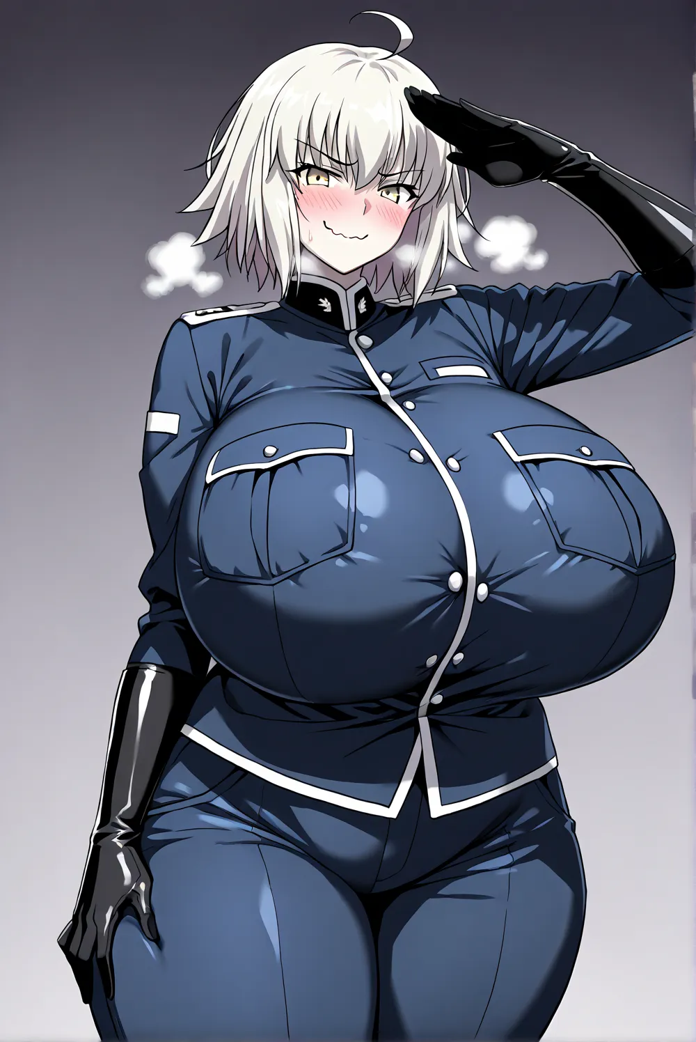 (Jeanne D'Arc Alter,),(in heat,blush,smirk,wavy mouth,close mouth,heavy breathing,),((military uniform,military pants,)),(high neck,tight-fitting,long gloves,chest pocket,),(salute,standing,arm at sides,hand on thigh,)(gigantic huge busty,glamorous,plump,b...