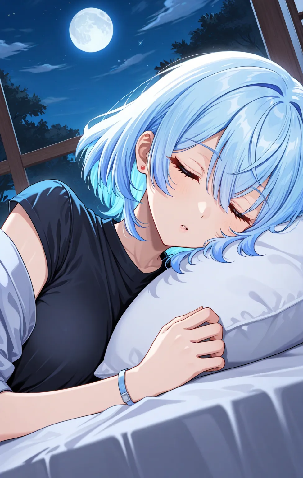 1girl,solo, sleep, short hair, lightblue hair,sleeping on the moon, moon light, night, tenma,masterpiece, best quality, very awa, newest, absurdres,