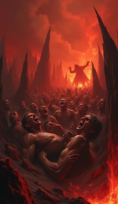 Create an image of men in hell Open Mouth, 