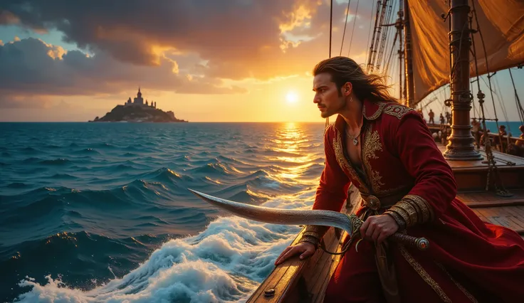 Sinbad, the legendary pirate, stands tall on the deck of his majestic ship, The Sea Serpent, as it cuts through the rolling waves of an endless sapphire ocean. His weathered boots, one propped on the ship's edge, anchor him firmly as he leans forward, his ...