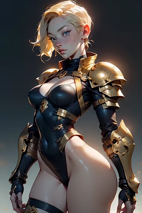 Medieval female warrior princess, (Deborah Ann Woll),, beautiful face, form fitting heavy armor(black and gold), athletic physique, exposed thighs, breast plate, short blonde hair, blue eyes, cleavage, background open field, beautiful detailed eyes, beauti...