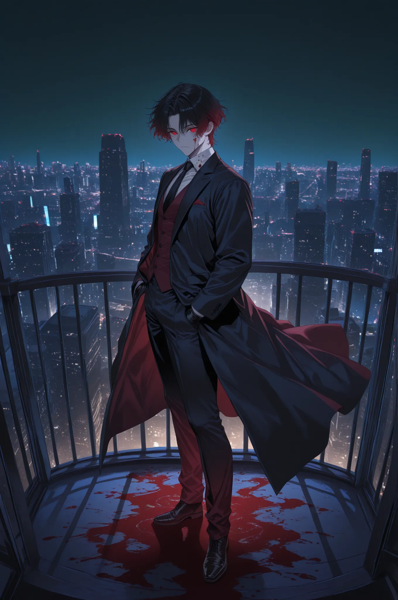 masterpiece, best quality, amazing quality, absurdres, highres, newest, HDR, 8K, from side, full-body, very wide shot, cinematic shadow, cinematic, 1boy, Kuroki Ren, middle part, short hair, curtained hair, gradient hair, black hair, red hair, red eyes, ma...