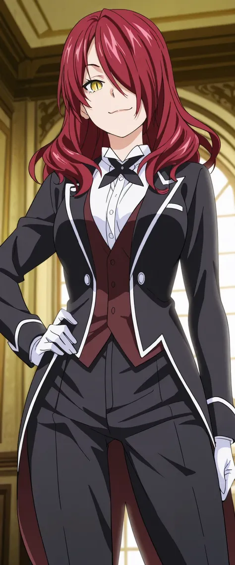 1girl,kobayashi rindou, long hair, red hair, wavy hair, yellow eyes, hair over one eye, slit pupils, anime coloring, tuxedo tailcoat, butler, pants ,hand on hip, woman in a formal suit,she's looking at the camera with a calm smile,,, indoors,smile,, gloves...