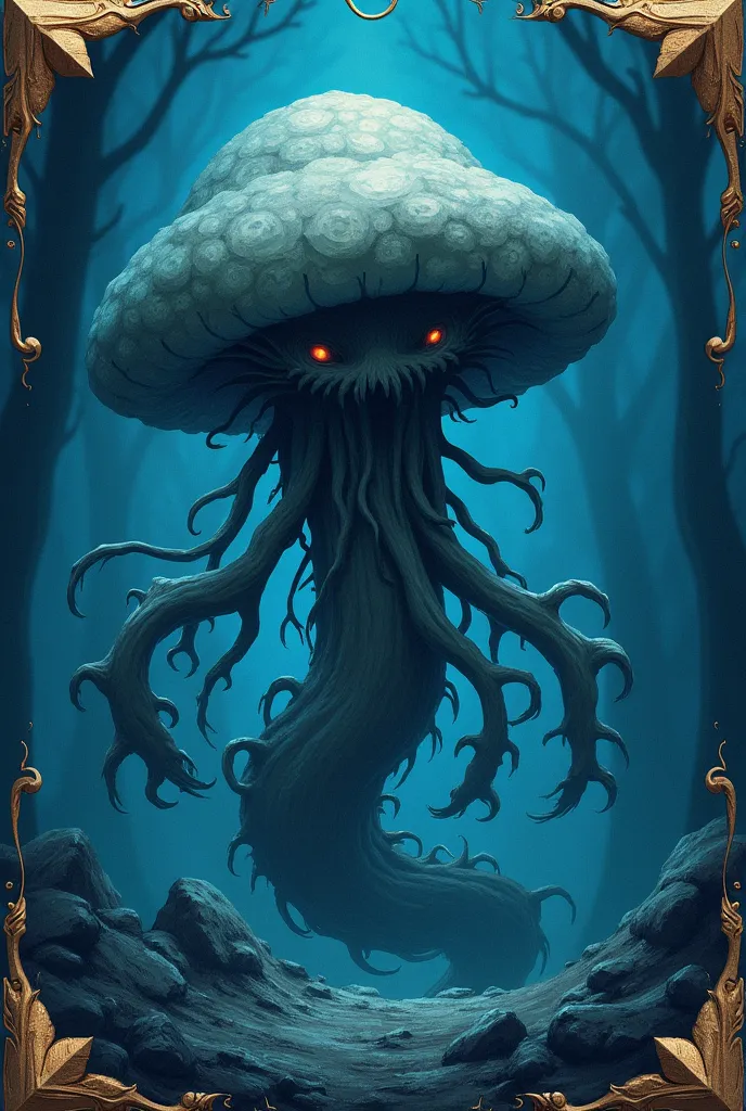 Generate an image of a Pokemon card that has no stats and numbers in it but only the image of the character, make the card colour blue and the character to be a monstrosity mushroom creature. Include minimal word descriptions.
Make it less realistic and mo...