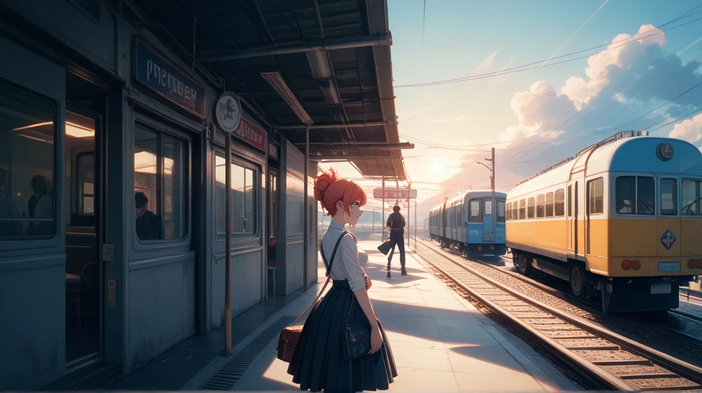 Home at the Station at Dusk。A young woman standing alone。Staring at a train moving away。Hair swaying in the wind。The light of the setting sun gently envelops the silhouette。 with a bleak expression。in the background。Melancholy Cinematic、Dramatic Lighting、U...