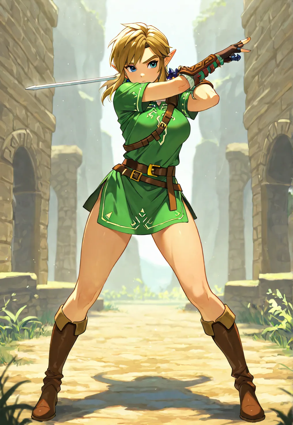 Masterpiece, Anatomically Correct, High Resolution, High Quality, 
Cute battle ready standing pose, 

Genderbent mtf, link from zelda, girl, cute, epic, genderbend, green tunic, breasts, legs, tall boots, bangs, 