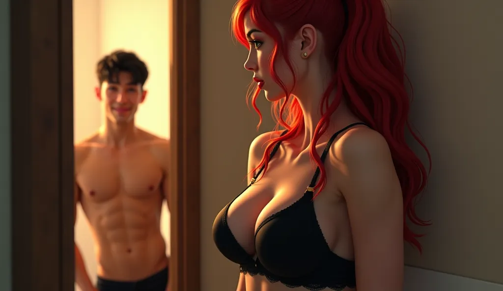 Imagine a beautiful woman , her body is attractive in red-haired black pajamas inside a bathroom. There's a young black-haired man standing next to a door watching her. He is smiling at her. It's an intimate moment and her boobs are very big and attractive...