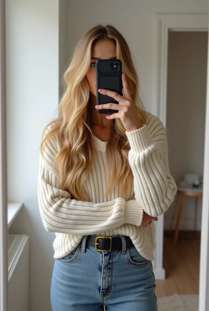 Woman with long hair with realistic blonde locks, maman entrepreneure de 32 ans, tenant un iPhone 14 pro max, taking a control photo of her outfit in front of a mirror, in an aesthetically minimalistic room, stylish and fashionable outfit with a little swe...