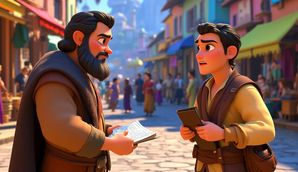 A traveler from another village arriving and offering a contract for A young man with short hair and a thin beard , impressed by the quality of his work.