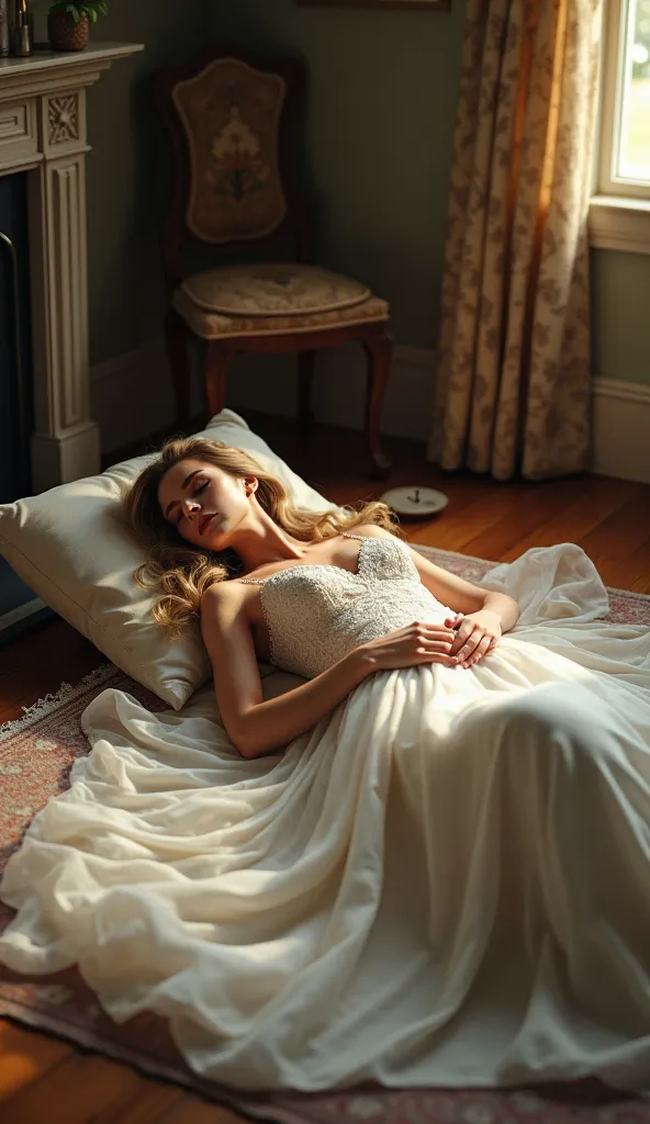 Supergirl asleep on the floor in a white wedding dress in a house,  ultra real and professional images