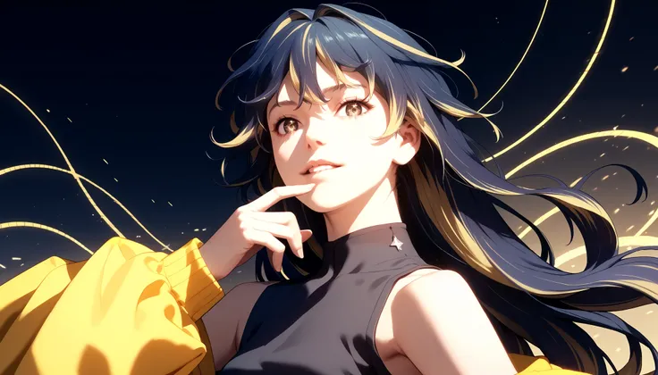 score_9, score_8_up, score_7_up, source_anime, 1girl, solo, face focus, detailed eyes, long hair, vibrant colors, finger on lip, detailed background, multicolored hair, navy blue hair, blonde hair, streaked hair, long hair, yellow circle in the iris White ...