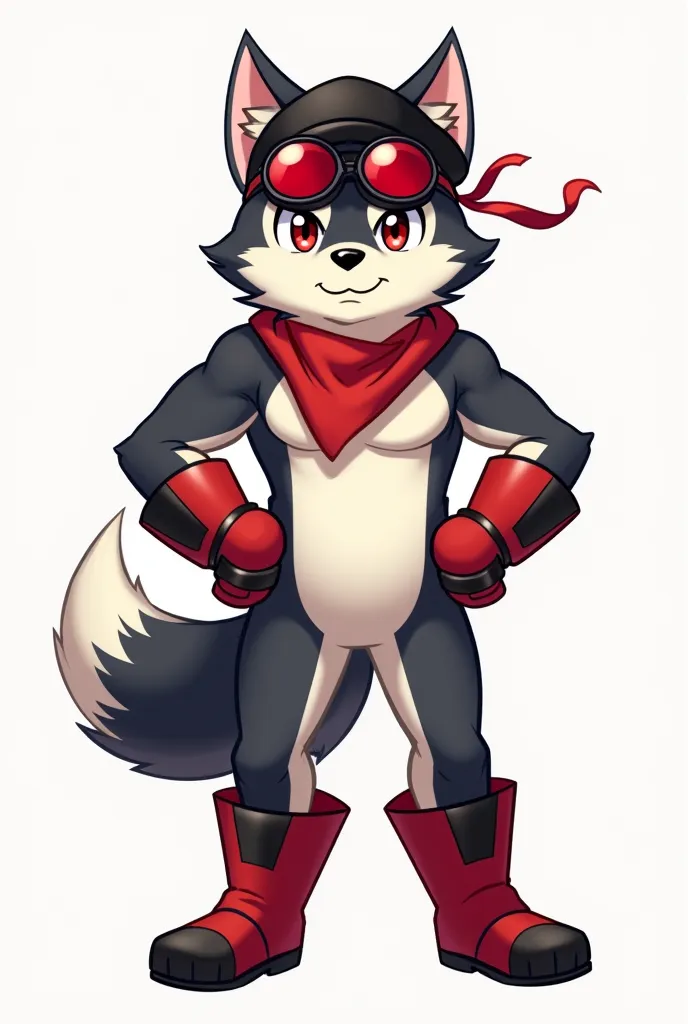 Image is a digital illustration featuring an anthropomorphic, endomorph with defined muscles, buff husky character with a kemono style. The character has a confident stance, with hands on hips, and is predominantly black and white with a fluffy tail. He we...