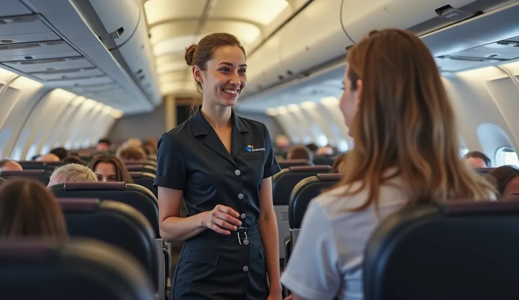 A young flight attendant in a neat uniform stands in the aisle of an airplane, engaging in a friendly conversation with another woman seated nearby. The flight attendant is smiling warmly, her posture relaxed yet professional. The woman, dressed casually, ...