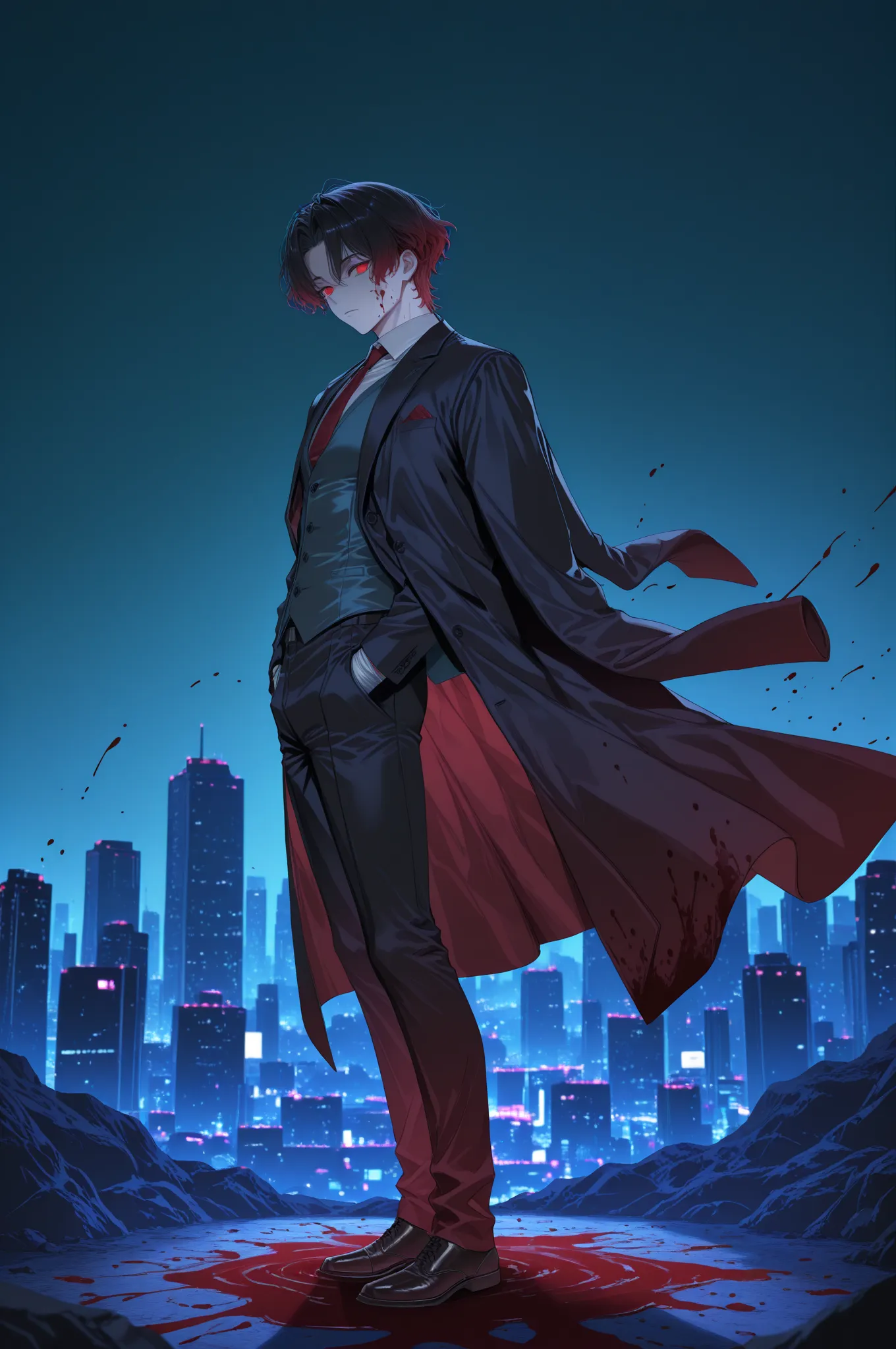 masterpiece, best quality, amazing quality, absurdres, highres, newest, HDR, 8K, from side, full-body, very wide shot, cinematic shadow, cinematic, 1boy, Kuroki Ren, middle part, short hair, curtained hair, gradient hair, black hair, red hair, red eyes, ma...