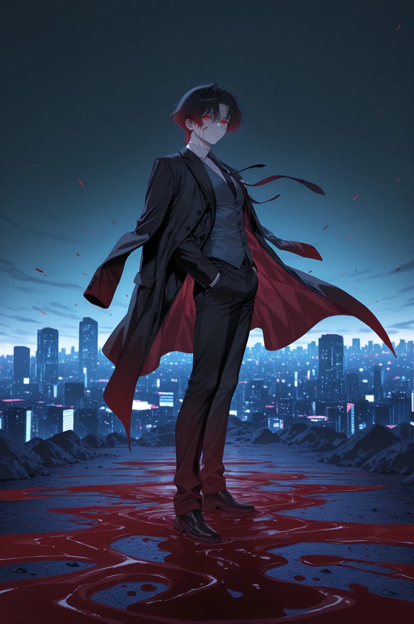 masterpiece, best quality, amazing quality, absurdres, highres, newest, HDR, 8K, from side, full-body, very wide shot, cinematic shadow, cinematic, 1boy, Kuroki Ren, middle part, short hair, curtained hair, gradient hair, black hair, red hair, red eyes, ma...