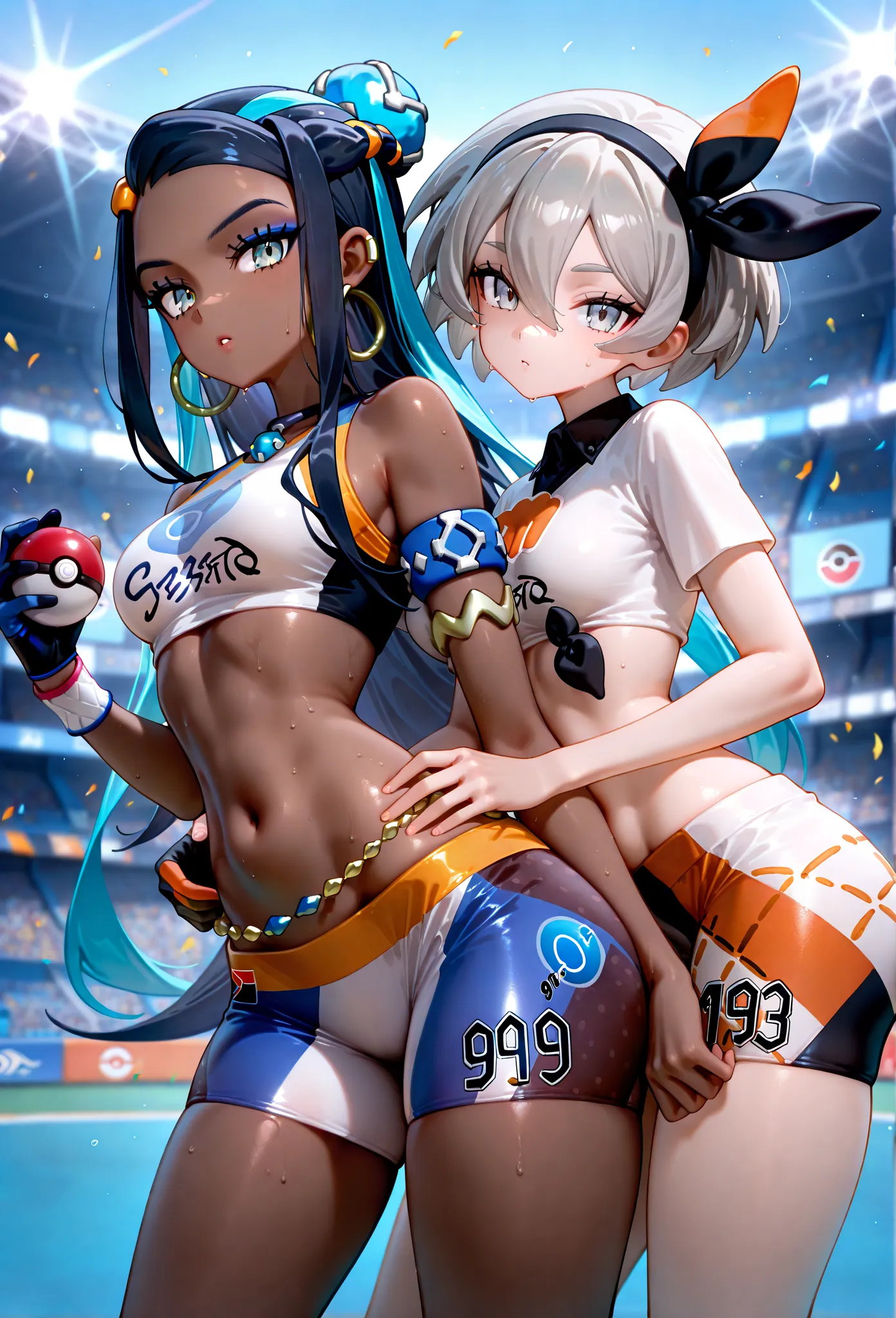   2girls, zzBea , grey eyes, grey hair, short hair, hair between eyes, black hairband, dark skin,  zzNessA , dark skin, makeup, single hair bun,
2girls, zzBea , grey eyes, grey hair, short hair, hair between eyes, black hairband, dark skin, crop top, print...