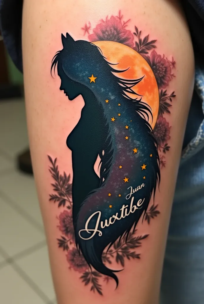 Design a tattoo of a female silhouette with a wolf behind her, symbolizing protection, love and the presence of a loved one who always looks after her. The wolf should convey strength and loyalty, while the woman's design should reflect serenity and spirit...