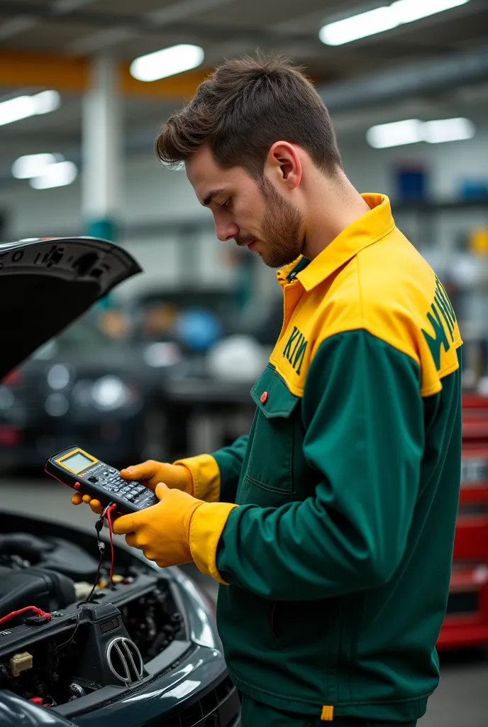 A clip of a 23 year old auto Elestrician holding a multimeter and fixing a car. He was Wearing a yellow collar green long sleeve shirt with yaka trousers and yellow boots. On the back of his sleeve was written "KIMI" ... On his left was a boom box playing ...