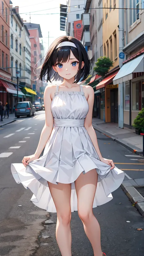 masterpiece、Innocent Beautiful Girl 、 black hair、short bob、headband、Big Breasts、 beautiful feet、 no panties、pussies、female genitals、white dress、dress with hidden chest、miniskirt、 pumps、Strong winds、Around town、congestion