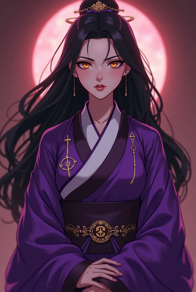 Anime, mappa art style, beautiful south Korean woman, traditional royal purple Korean garments, beautiful, yellow eyes, sinister looking, mature, well endowed, asian, anime, mappa art style, evil, mid 30s, emotionless, slightly muscular, long hair, tall, f...