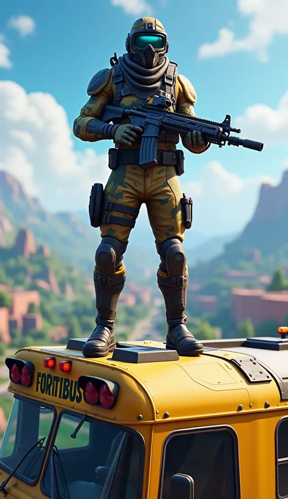 Create a Fortnite character on top of the bus with a rifle in your hand 