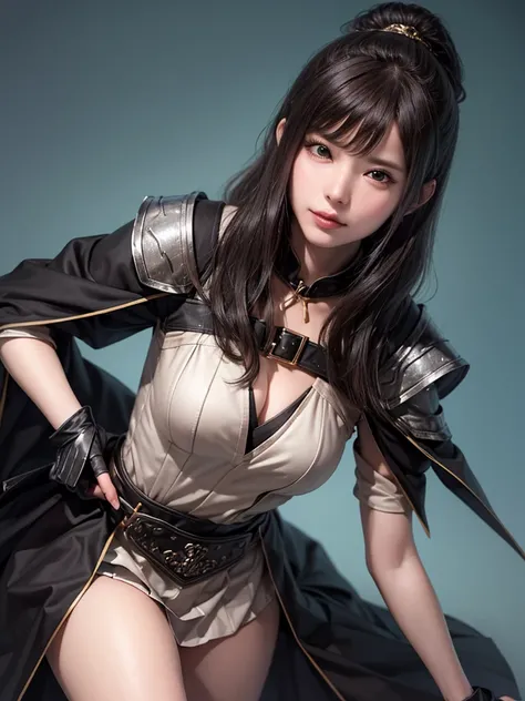 (Masterpiece :1.2, best quality ), beautiful illustrations , (natural side lighting, movie lighting),(((Pleated Skirts, a woman wearing black armor and a black cloak))), 1 person,long hair,asymmetrical bangs,Cleavage , Thin Waist High Definition Face and S...