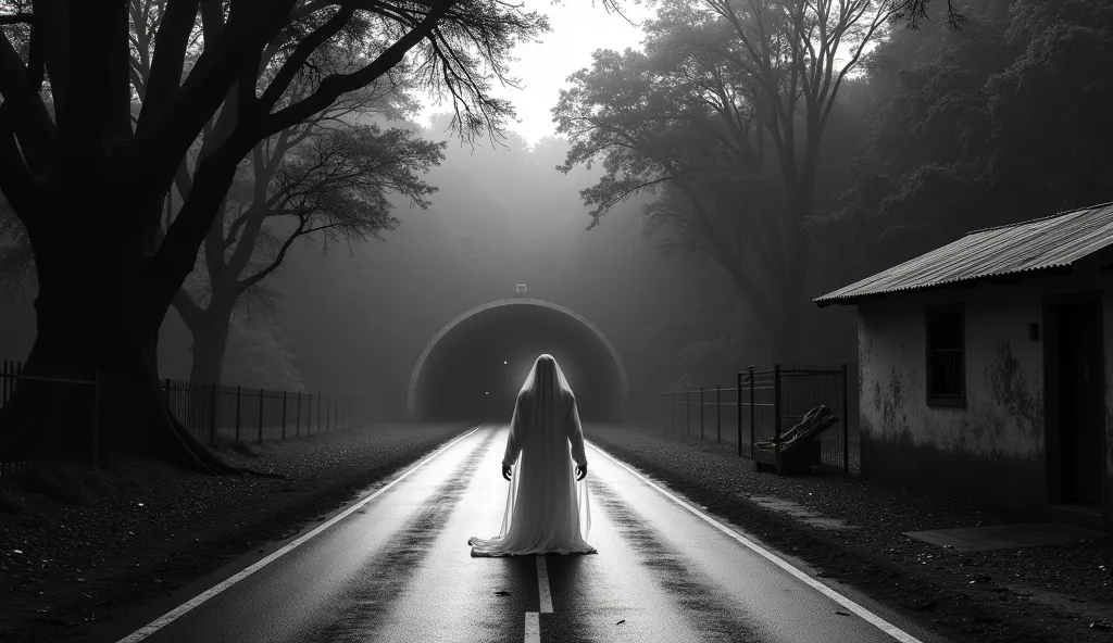 A black and white horror scene of a long tunnel on a desolate highway, surrounded by dense forest and towering trees, their branches stretching over the road, creating an eerie, enclosed feeling. The tunnel entrance is dark and uninviting, with only a fain...