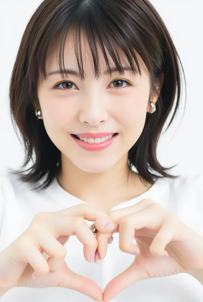 a woman with a cute smile is cute, It's semi-nude,  make a big heart with both hands , posing with arms in front of chest, View above the collarbone、 The background is monotone 

anatomically correct, 