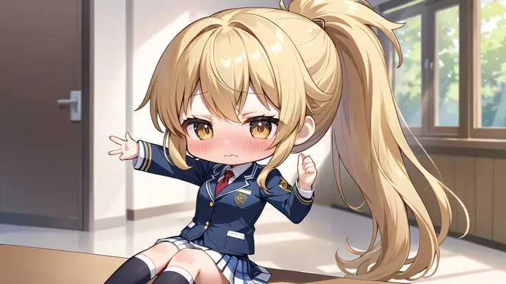 anime girl, Blonde Goddess, beautiful attractive anime female uniform, high school student, alone, from the front, ponytail, embarrassed expression, chibi, is sitting holding her knees, One arm raised up