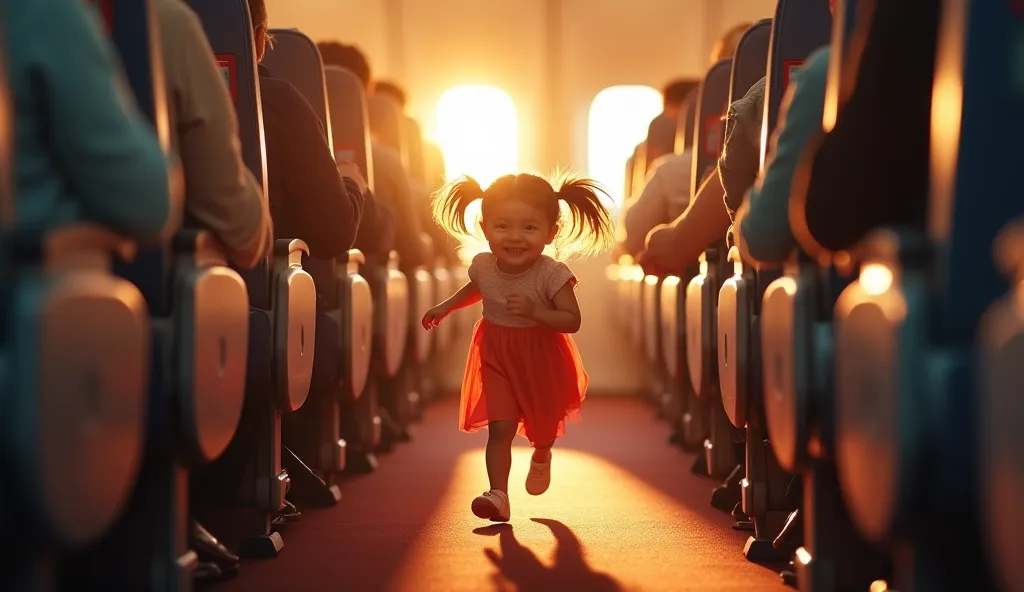 "Imagine a small, playful girl with pigtails, wearing a bright dress, running joyfully along the aisle of an airplane. The interior is cozy, with seats lined up in rows, and overhead compartments closed. Sunlight is shining through the windows, casting a w...