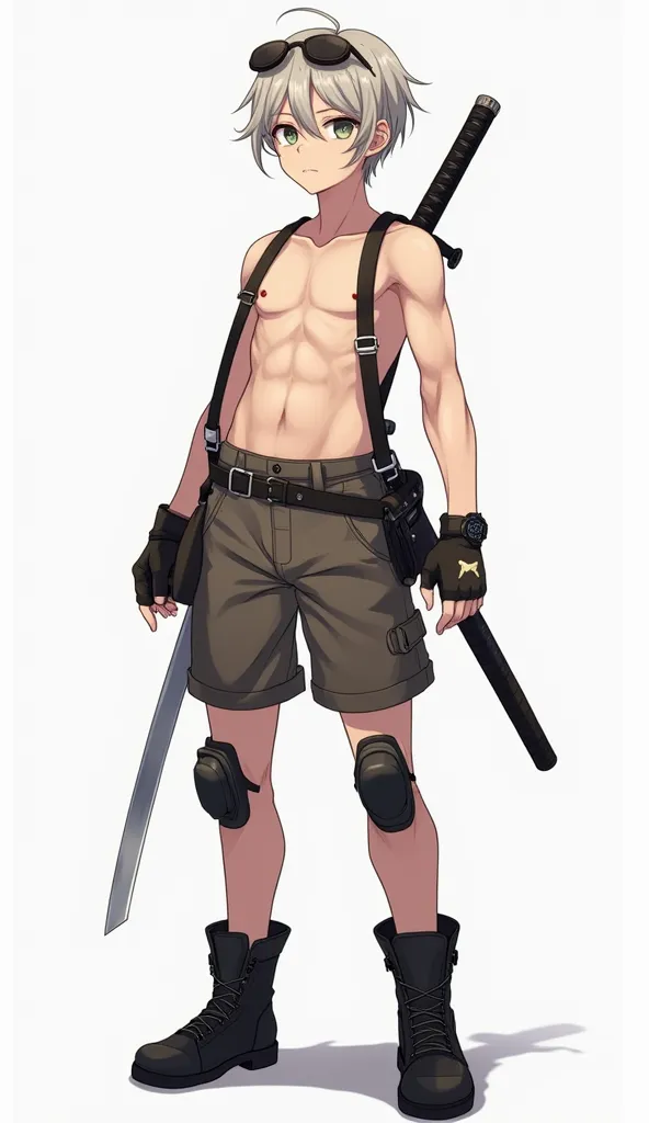 Front View
Hombre de Frente, view, in a neutral position .
 style: anime
Fair skin and short hair,  slightly disheveled .
Lenses resting on the head.
 neutral expression , with well-defined eyes in anime style.
Chest fit,  without additional details .
Glov...