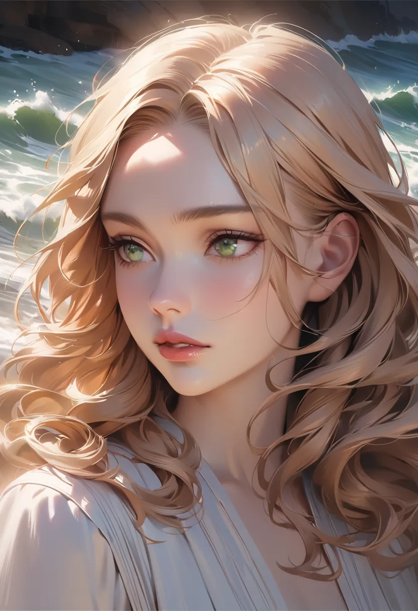 8k, Masterpiece, Top Quality, Close-up,  long, flowing, blonde, hair, waves, curls, strand,  green eyes, skin, rosy, complexion, full, lips, pinkish-red, eyes, closed, serene, dark, black, garment, realistic, hair texture, shading, skin, clothing, soft, di...