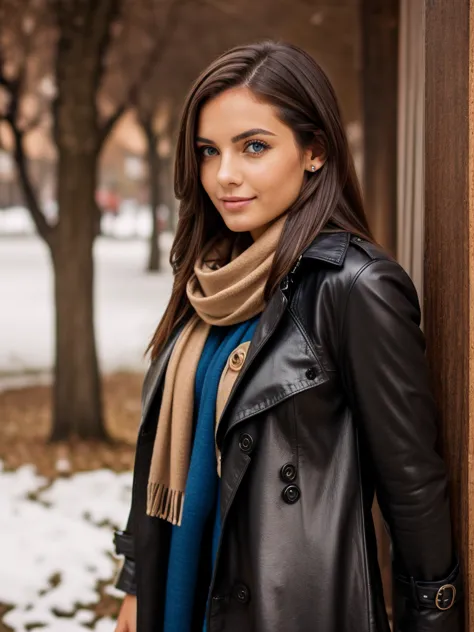 A beautiful Argentinian woman with long brown hair and blue eyes posing for a picture, attractive features, long flowing brown hair, dressed with a winter outfit: a black leather trench-coat with buttons, accessorized with a scarf.
