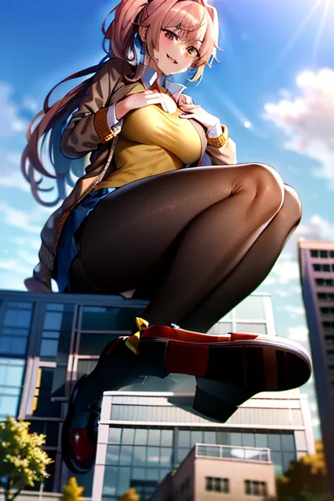 2D, Masterpiece, Best Quality, Anime, Highly Detailed, 1 Girl, Alone, Natsuki, Pink Eyes, Pink Hair, Extremely Long Hair, Ankle-Length Hair, Long Side-Swept Ponytails, Swept Bangs, Hair X, School Uniform, Straight Ahead, Smile, (Full Body: 1.5), Giantess, ...