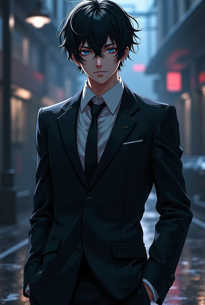 Man in black suit, disheveled black hair, blue eyes, anime style, solo leveling, best quality photo, 4k, ultra-realistic digital art, anime character in solo leveling style,  dynamic pose,  serious attitude, challenging look, dark background, dramatic ligh...