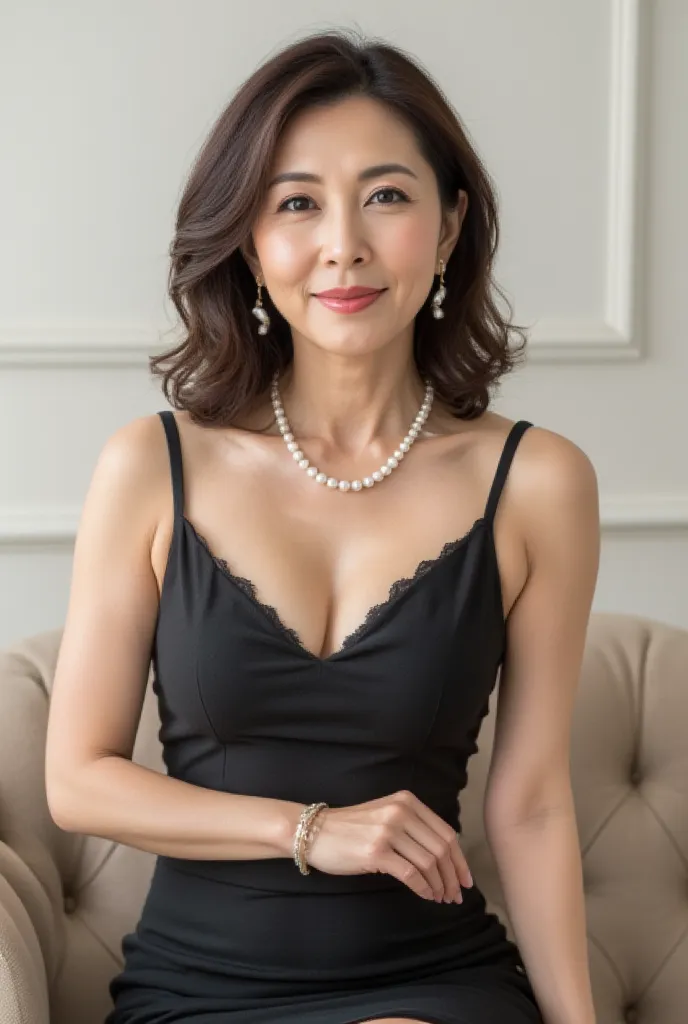 (((Align both legs diagonally、A pencil skirt that fits the body、high heels、sitting on the sofa with good posture:1.３)))、( Excited Mature Woman , 48 years old,   Japanese,  masterpiece,  top quality,  High Resolution, realistic:1.37,  sharp concentration:1....